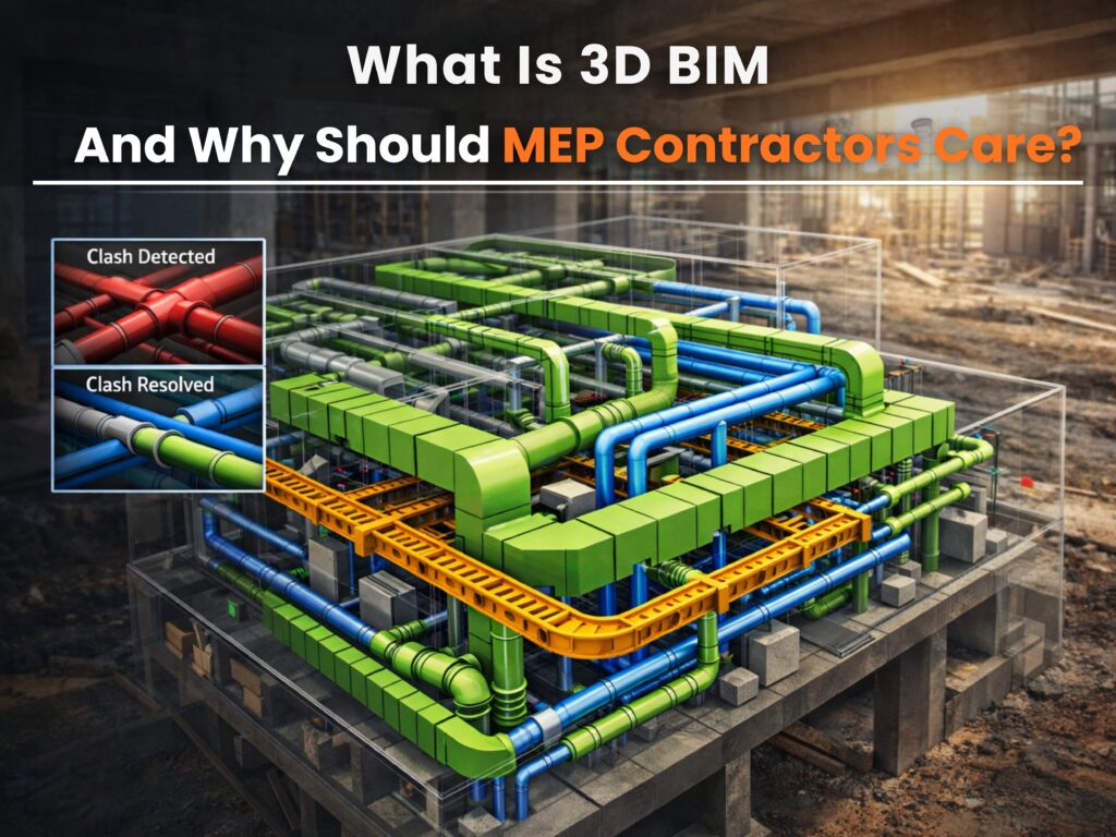 3D BIM model showing MEP systems with clash detection and resolution for MEP contractors in construction projects.
