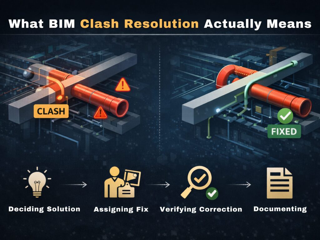 BIM clash resolution workflow showing detection of a pipe clash and the process of deciding solution assigning fix verifying correction and documenting the resolution.