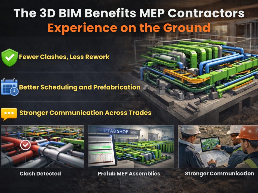 Key benefits of 3D BIM for MEP contractors including clash reduction, prefabrication, and improved coordination.