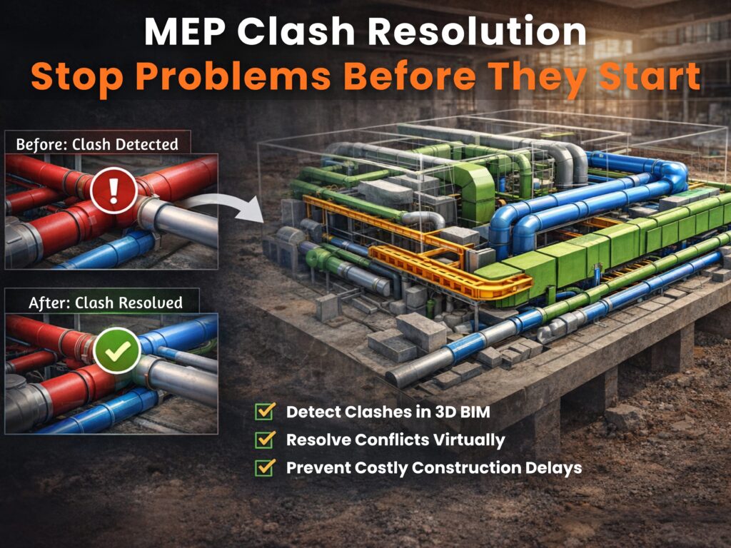 MEP clash resolution in 3D BIM showing before and after coordination for MEP contractors.