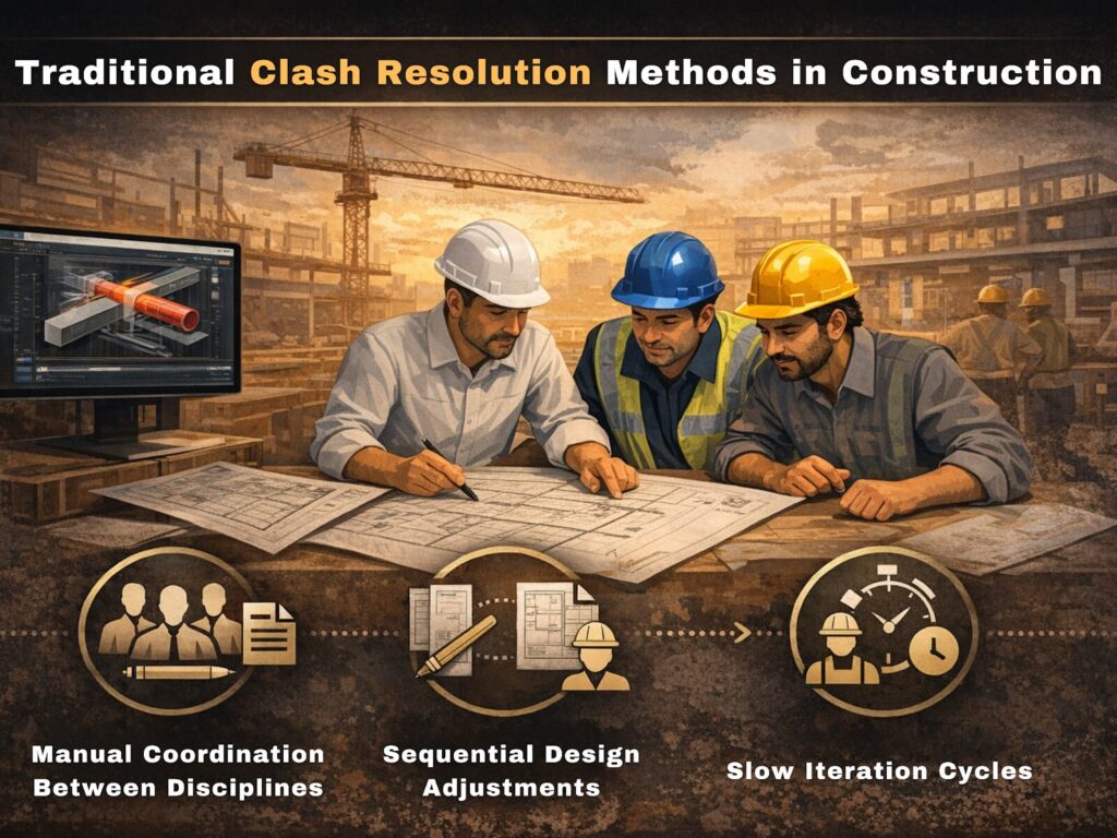 Traditional clash resolution in construction where engineers manually coordinate between disciplines to resolve BIM coordination conflicts.