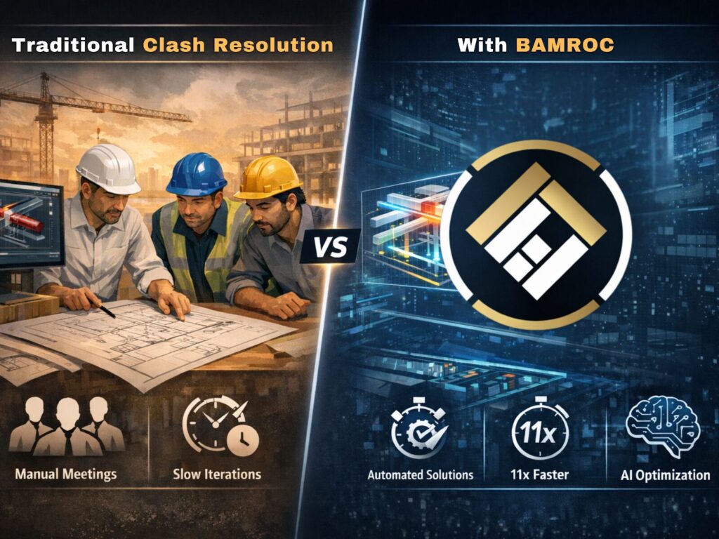 Comparison of traditional vs digital clash resolution showing manual coordination versus AI powered BIM clash resolution with BAMROC.