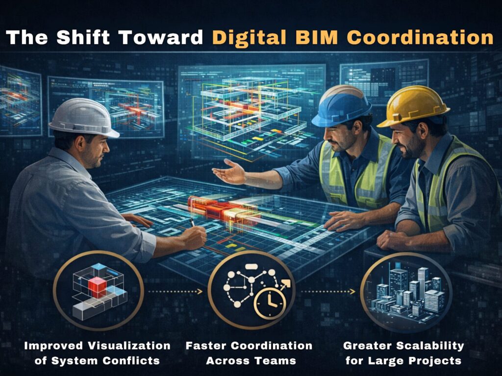 Digital BIM coordination environment showing engineers using BIM models to visualize and resolve system conflicts during BIM clash resolution.