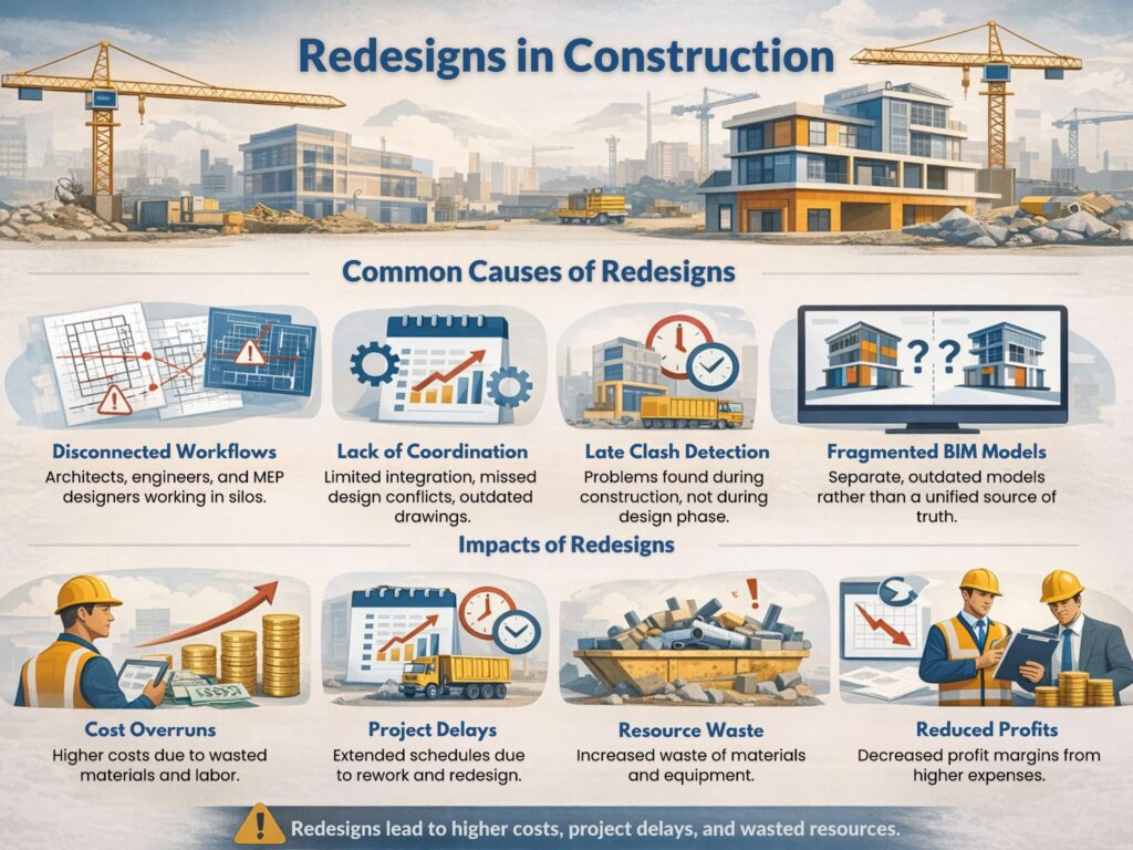 Impacts of redesign in construction projects showing cost overruns, project delays, resource waste, and reduced profits.
