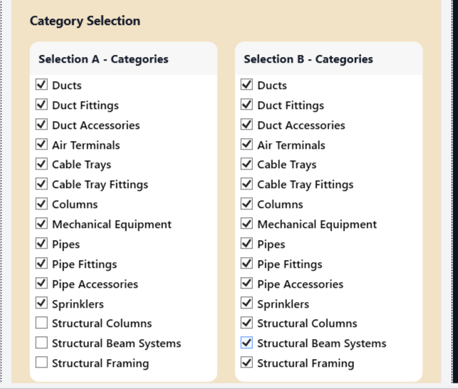 KlashBIM category selection panel for clash detection in BIM, including ducts, pipes, cable trays, and structural elements for targeted analysis.