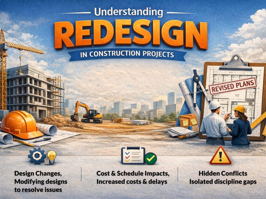 Understanding redesign in construction projects with revised plans, site changes, and coordination issues illustrated on a construction site.