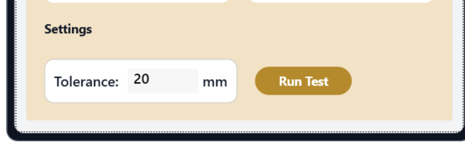 KlashBIM settings interface showing tolerance configuration and run test option for precise clash detection in BIM workflows.