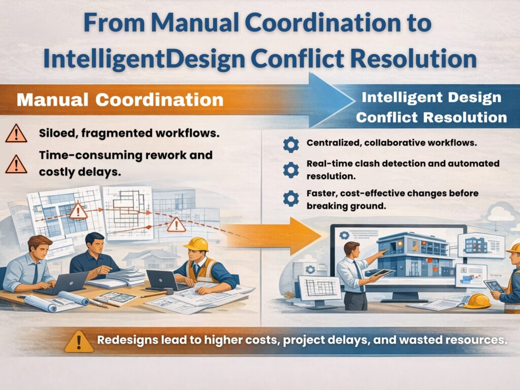 Comparison of manual coordination vs intelligent design conflict resolution to reduce redesign in construction projects.