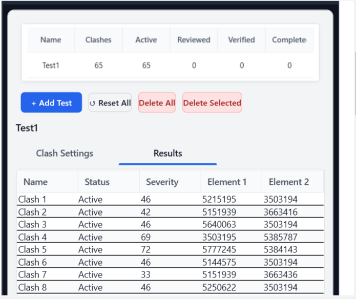 KlashBIM results panel displaying detailed clash list with severity levels and element IDs for efficient BIM clash detection analysis.