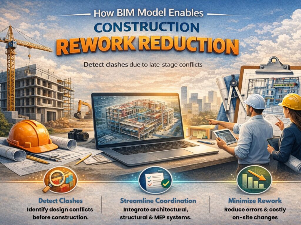 How BIM model helps in construction rework reduction and prevents redesign in construction projects through early clash detection.