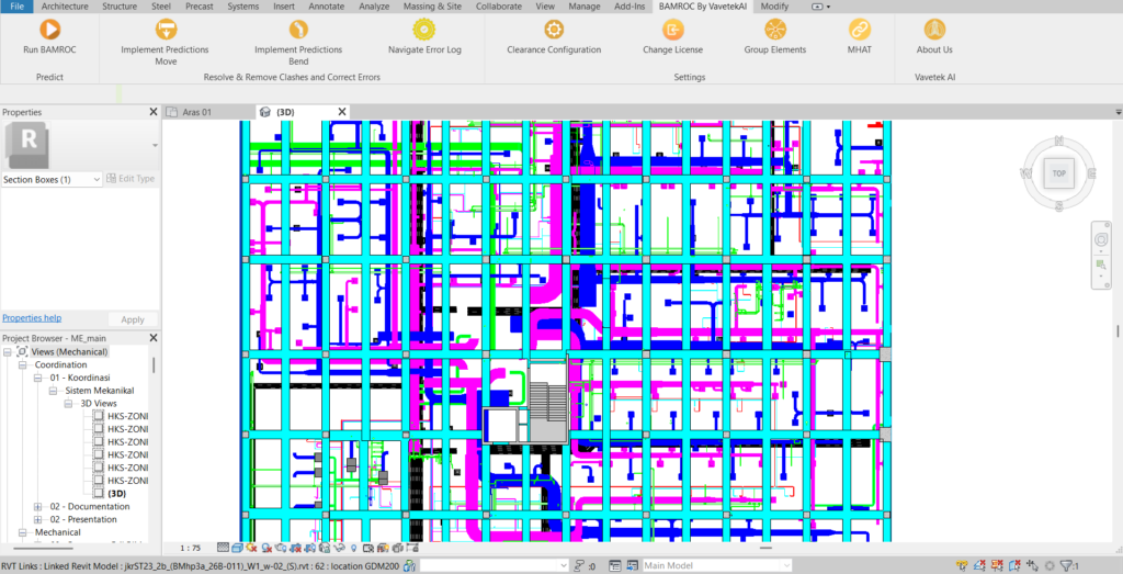 Revit interface showing dense MEP and structural model with complex routing, illustrating real-world BIM coordination challenges before AI-based clash resolution using BAMROC.
