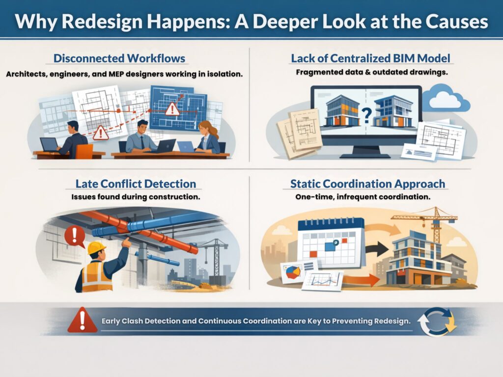 Key causes of redesign in construction projects including disconnected workflows, lack of BIM model, and late conflict detection.