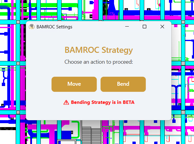 BAMROC strategy selection interface in Revit displaying options for automated clash resolution using Move and Bend methods within AI-driven BIM workflows.