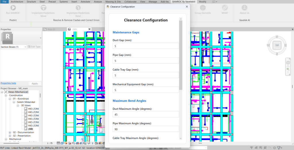 BAMROC clearance configuration panel showing maintenance gaps and maximum bend angle settings for ducts, pipes, and cable trays in BIM clash resolution.