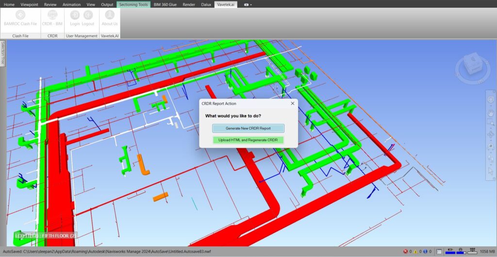3D BIM model in Navisworks showing resolved and unresolved clashes highlighted in different colors, demonstrating CRDR BIM’s before-and-after comparison workflow.