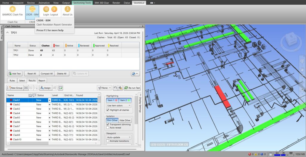 Navisworks interface with CRDR BIM plugin displaying clash detection results and highlighted MEP conflicts for structured clash resolution reporting.