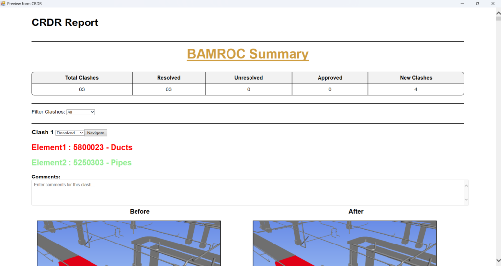 CRDR BIM report interface displaying clash resolution summary with before-and-after visuals, element details, and structured reporting format.