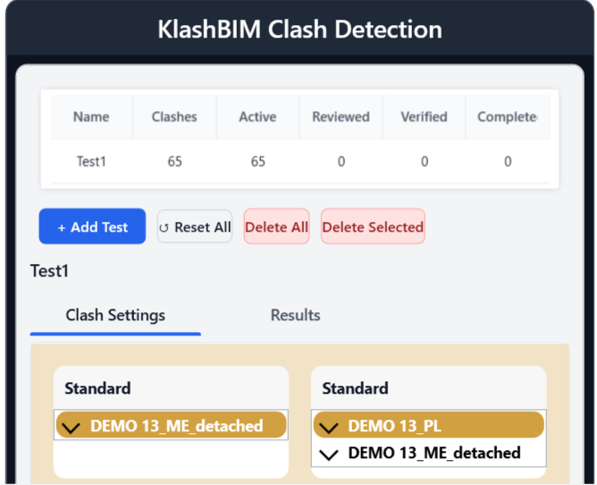 KlashBIM dashboard showing clash detection test overview with counts of active, reviewed, and verified clashes in BIM models.