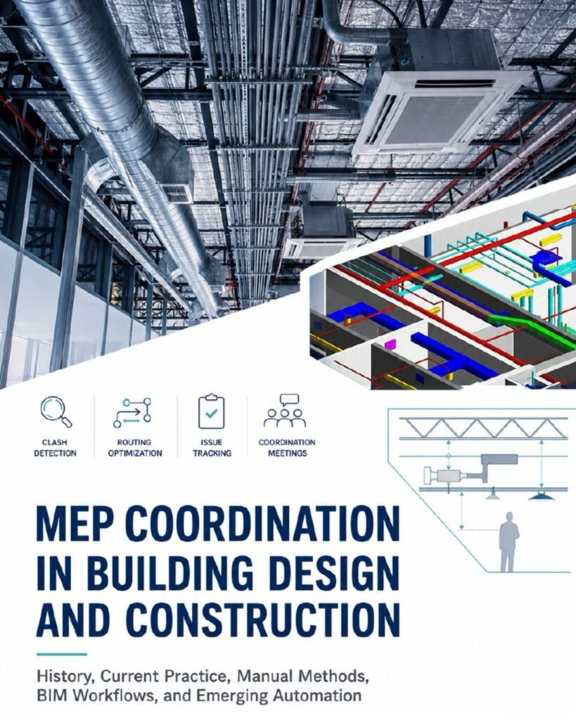 MEP Coordination in building design and construction featuring BIM models, HVAC systems, clash detection workflows, and coordinated MEP services visualization.