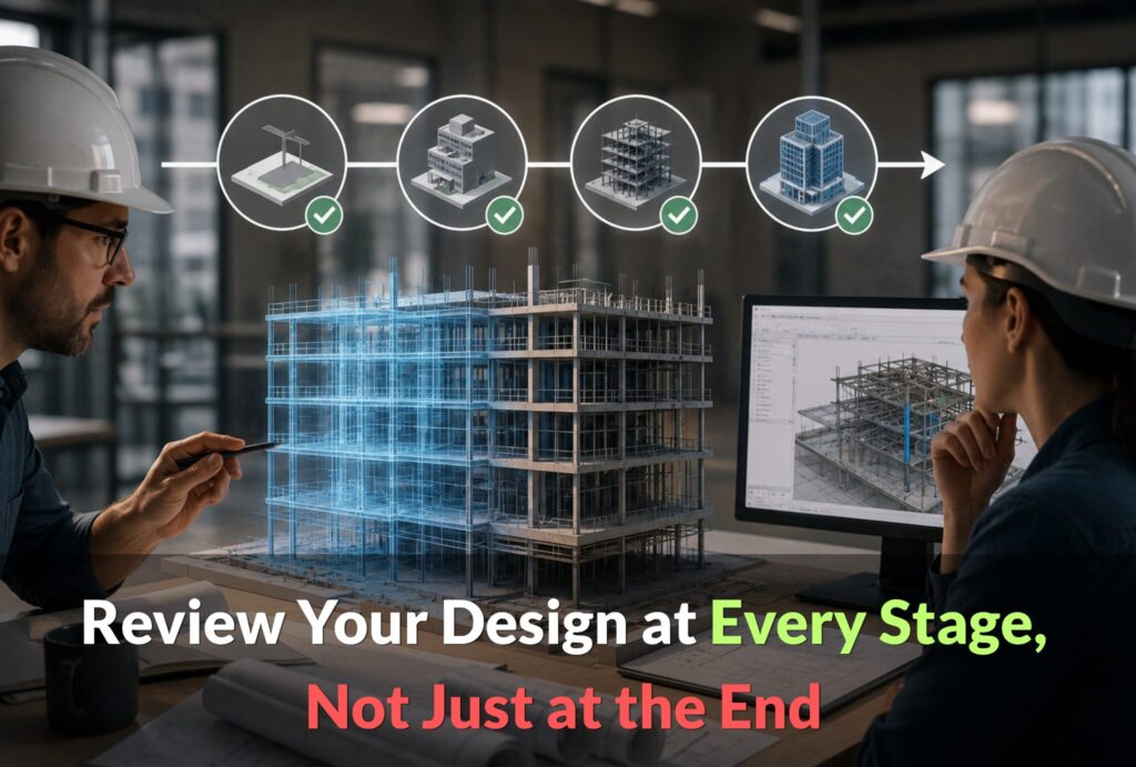 Alt text: Engineers reviewing a BIM model through multiple project stages to improve structural design accuracy before construction.
