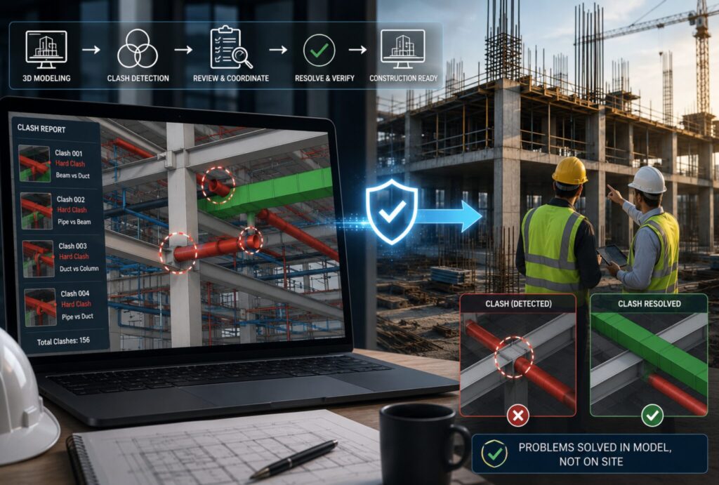 BIM clash detection workflow identifying and resolving MEP and structural conflicts before on-site construction begins.