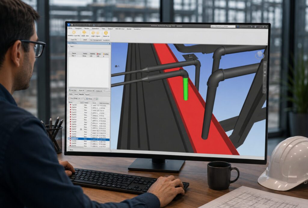 Engineer using BAMROC AI software to automatically resolve BIM clashes between structural and MEP systems.