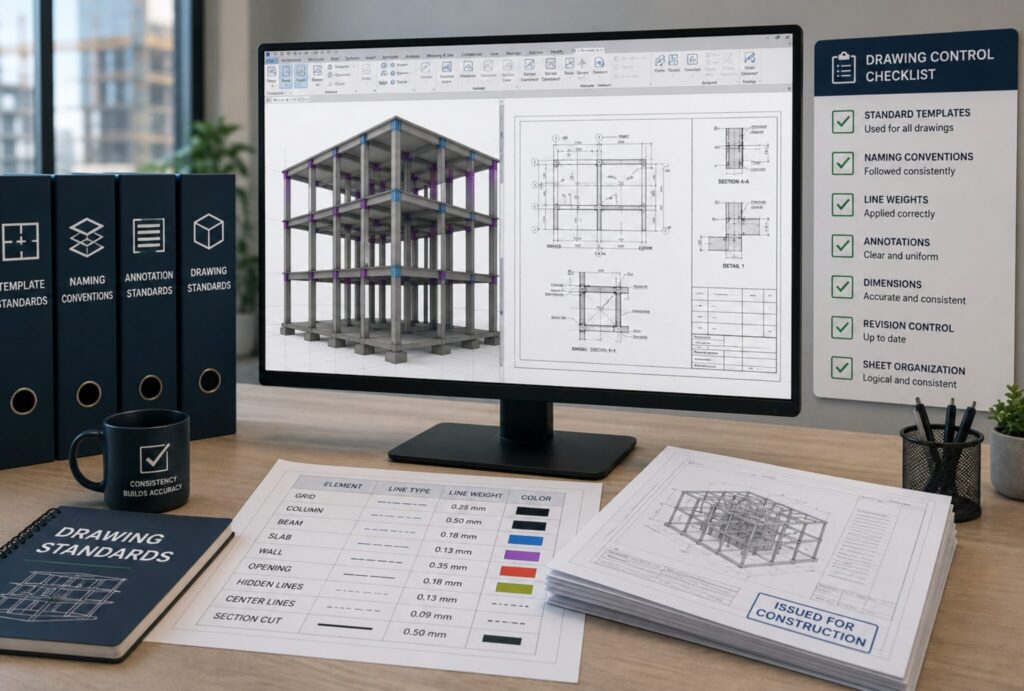 Organized BIM documentation workspace with standardized drawing templates, revision control, and structural detailing workflow.