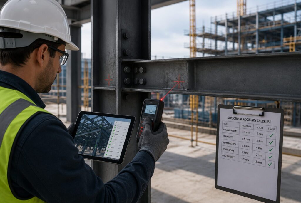 Construction engineer measuring steel structure alignment on-site using digital accuracy verification and inspection tools.