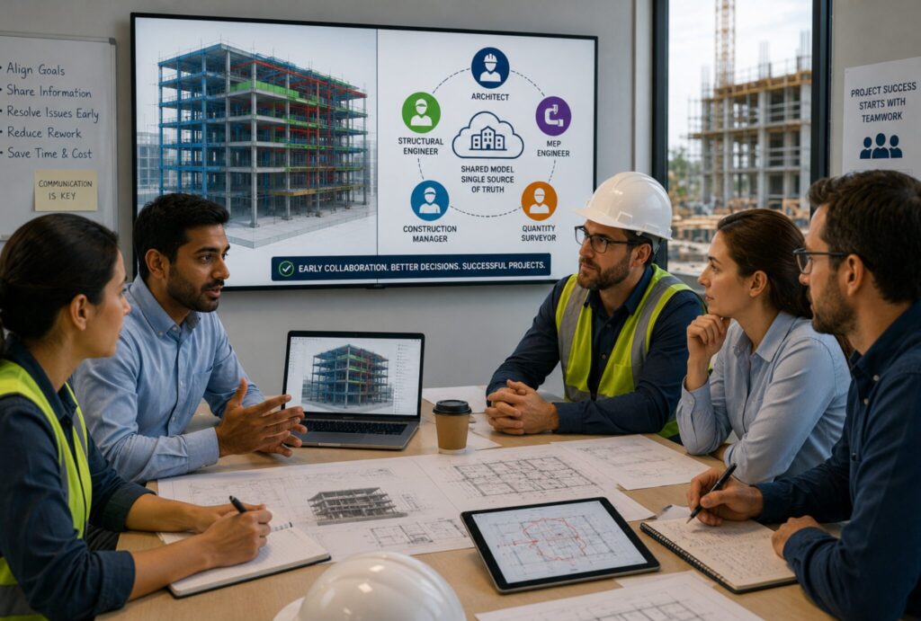 Structural, architectural, and MEP teams collaborating around a shared BIM model during an early coordination meeting.