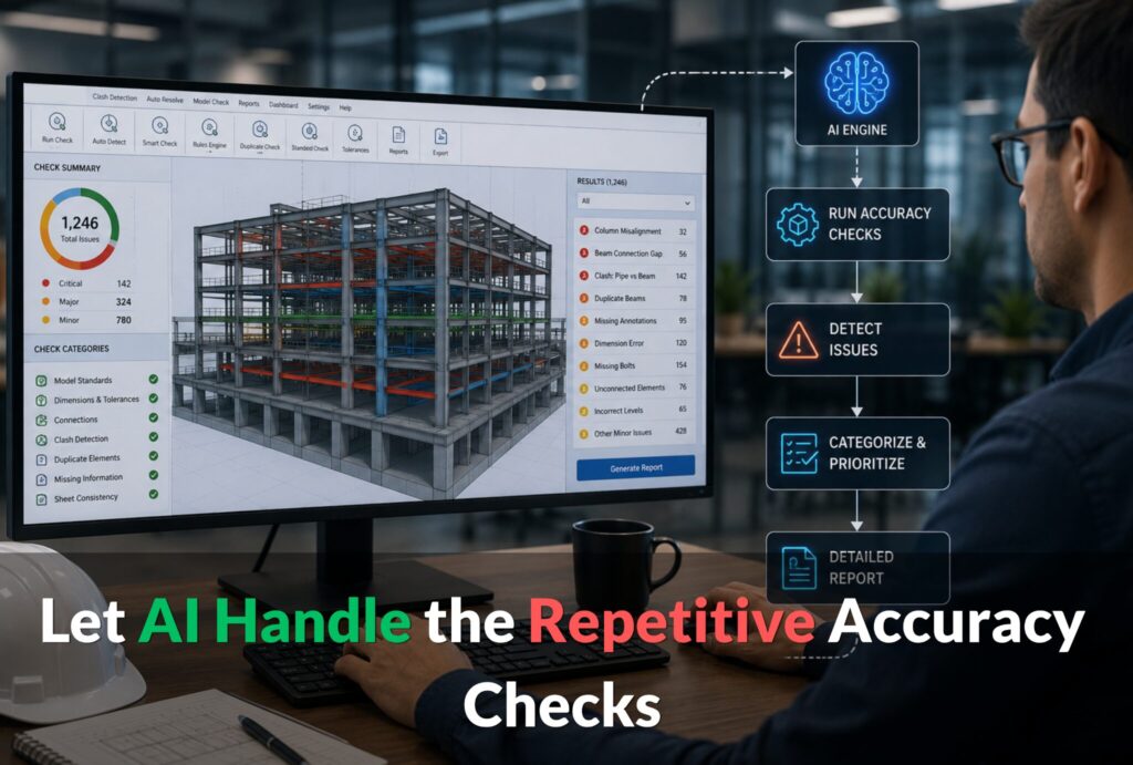 AI-powered BIM software automatically detecting structural modeling errors, Structural Engineering Best Practices, clashes, and project accuracy issues.