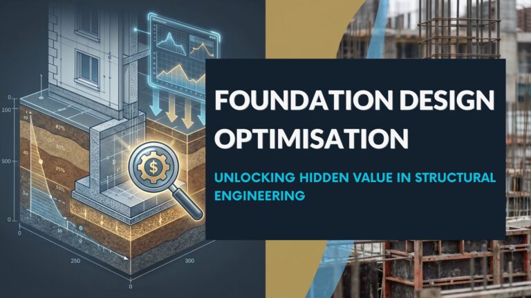 Illustration of foundation design optimisation showing a building foundation cross-section, soil layers, performance analytics, and construction reinforcement elements, highlighting cost savings and structural efficiency.