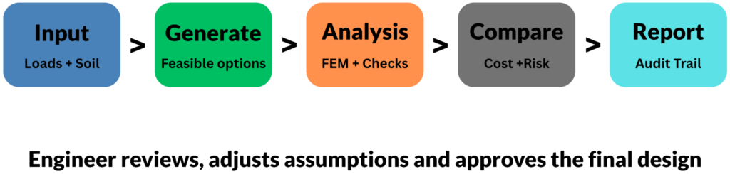 Foundation Design Optmisation workflow showing the process from input loads and soil data to generating feasible options, running FEM checks, and producing an audit-ready report.