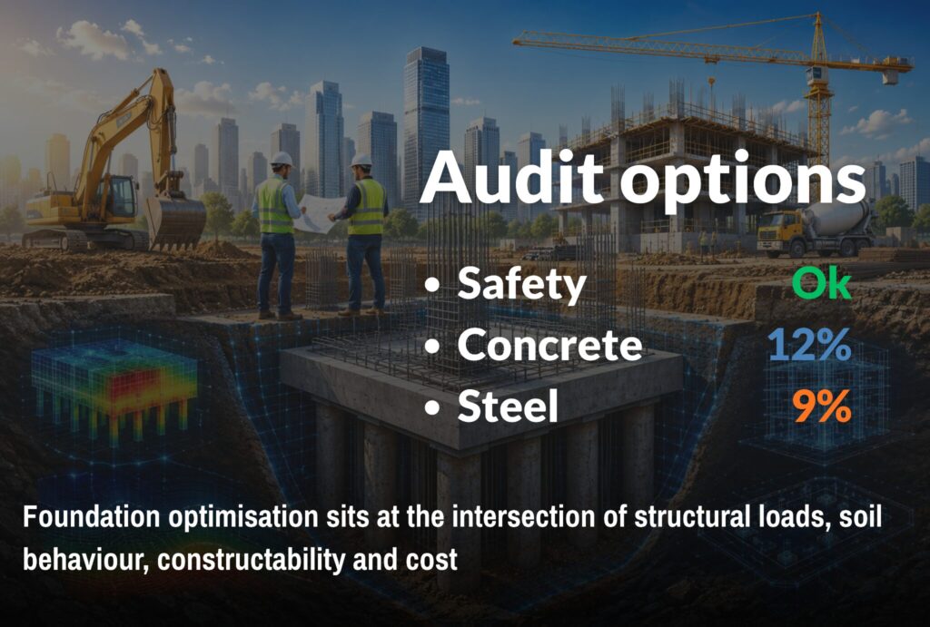 Construction site visual showing foundation Design Optimisation audit options for safety, concrete, and steel, with savings indicators and a message about balancing structural loads, soil behaviour, constructability, and cost.