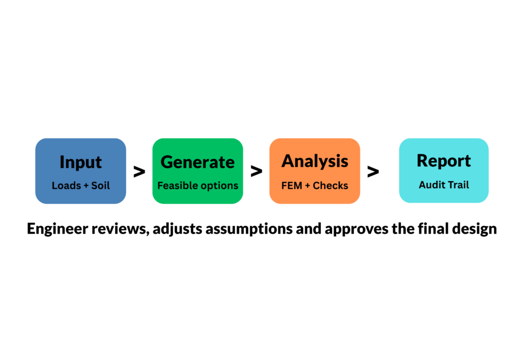 Foundation Design Optmisation workflow showing the process from input loads and soil data to generating feasible options, running FEM checks, and producing an audit-ready report.
