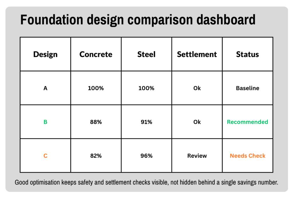 Foundation Design Optmisation comparison dashboard showing three design options with concrete usage, steel usage, settlement status, and recommendation status, highlighting safety and settlement checks alongside material savings.