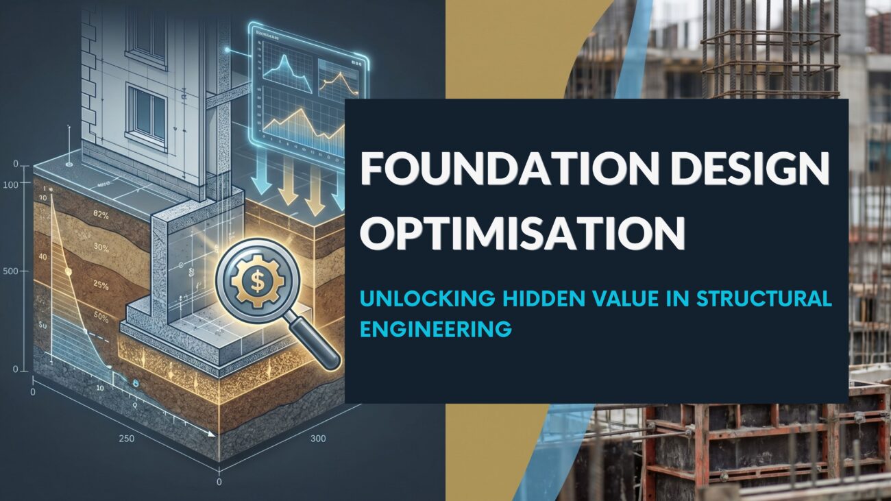 Illustration of foundation design optimisation showing a building foundation cross-section, soil layers, performance analytics, and construction reinforcement elements, highlighting cost savings and structural efficiency.