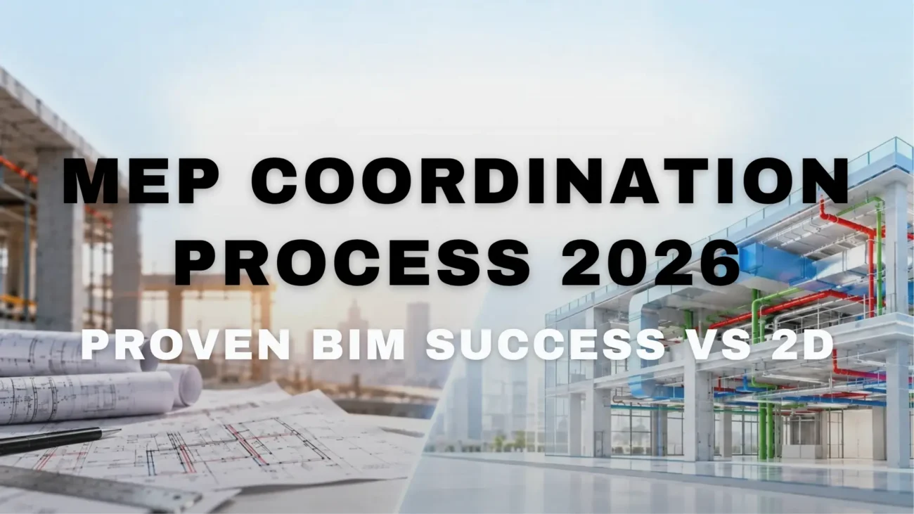 MEP Coordination Process 2026 showing a comparison between traditional 2D construction drawings and a coordinated 3D BIM MEP model.